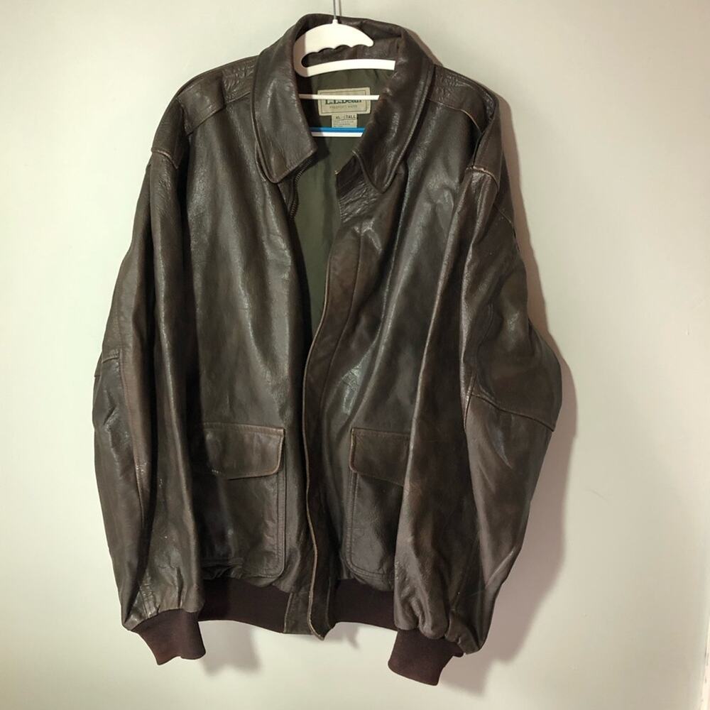 Vintage LL Bean mens XL tall brown leather wool trim bombers jacket USA classic